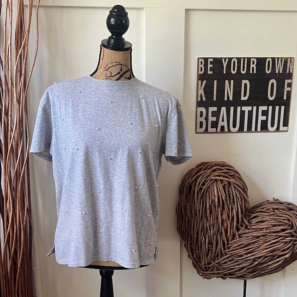 Chic Gray Women's Tee with Pearl Details